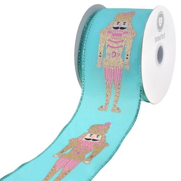 HOMEFORD Christmas Glittered Pink Nutcrackers Satin Wired Ribbon, 2-1/2-inch, 10-yard, Teal