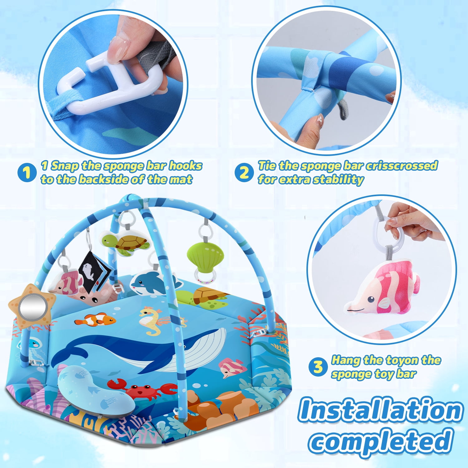 JoyStone Baby Gym Play Mat, 8-in-1 Tummy Time Mat, Infant Play Gym with 6 Detachable Toys, Washable Activity Mat & Ball Pit, Baby Toys Gift for Ages 0-18M