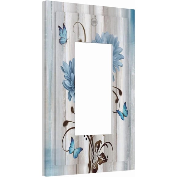 Rustic Floral Blue Daisy on Country Wood 1 Gang Rocker Light Switch Plate Butterfly Single Decora Outlet Wall Plate Cover Faceplate Decorative Switchplate GFCI for Farmhouse Bedroom Living Room Decor