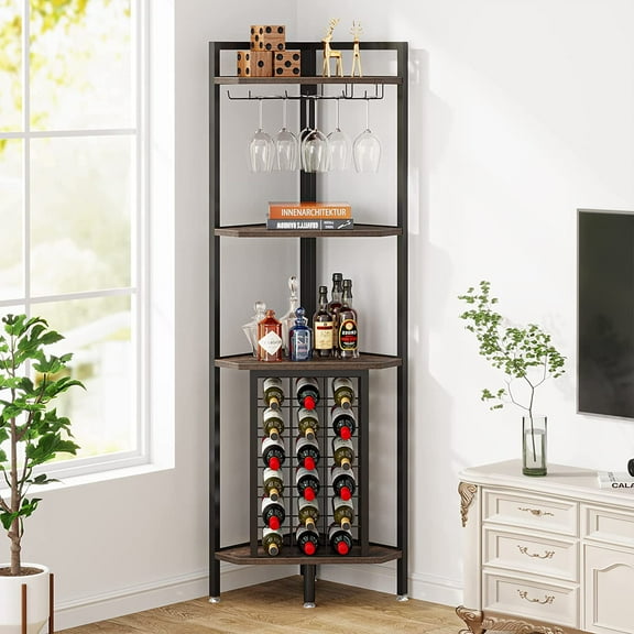 Tribesigns Corner Wine Rack with Glass Holder and Storage Shelf, Industrial 4 Tier Corner Bar, Corner Shelf