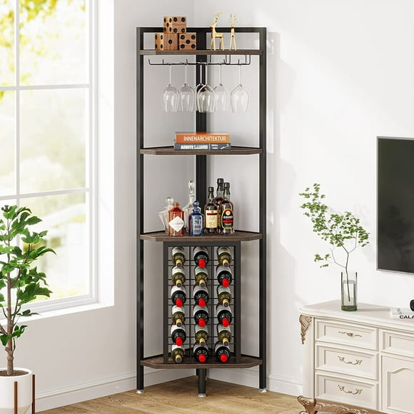Tribesigns Corner Wine Rack with Glass Holder and Storage Shelf, Industrial 4 Tier Corner Bar, Corner Shelf