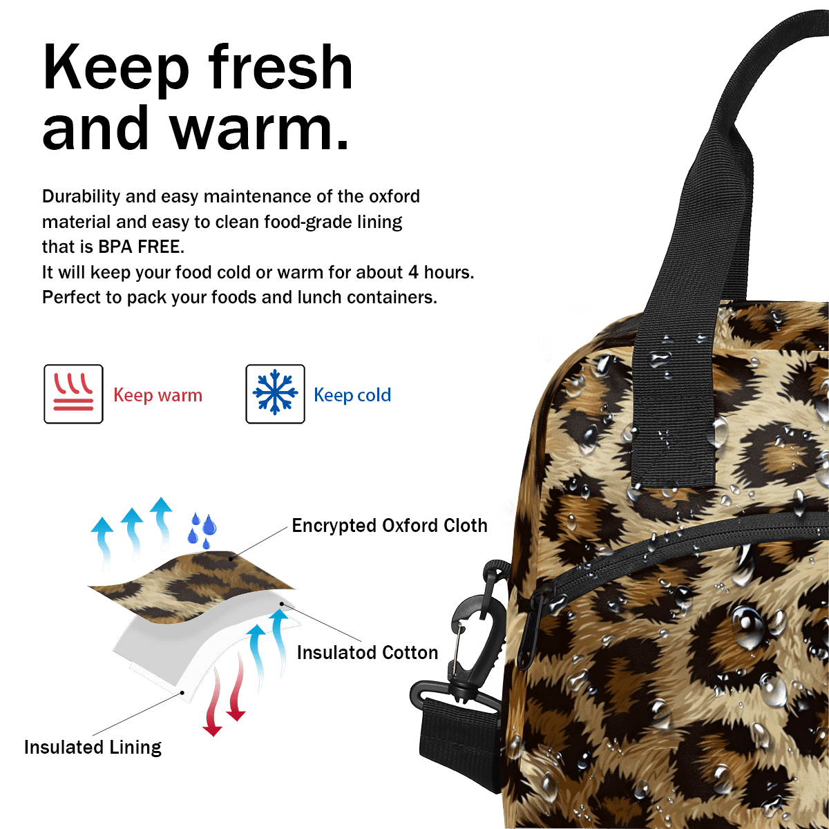 Herdesigns Leopard Print Insulated Lunch Bag for Women Men Adults Large Reusable Lunch Box Cheetah Wild Safari Leakproof Cooler Tote Bags with Adjustable Shoulder Strap