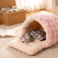 thumbnail image 2 of Small Cat Dog Cave Bed, Calming Pet Nest Warm Plush Covered Cat House with Hooded, Removable Hooded Blanket Cushion, Washable (Pink, Small), 2 of 6
