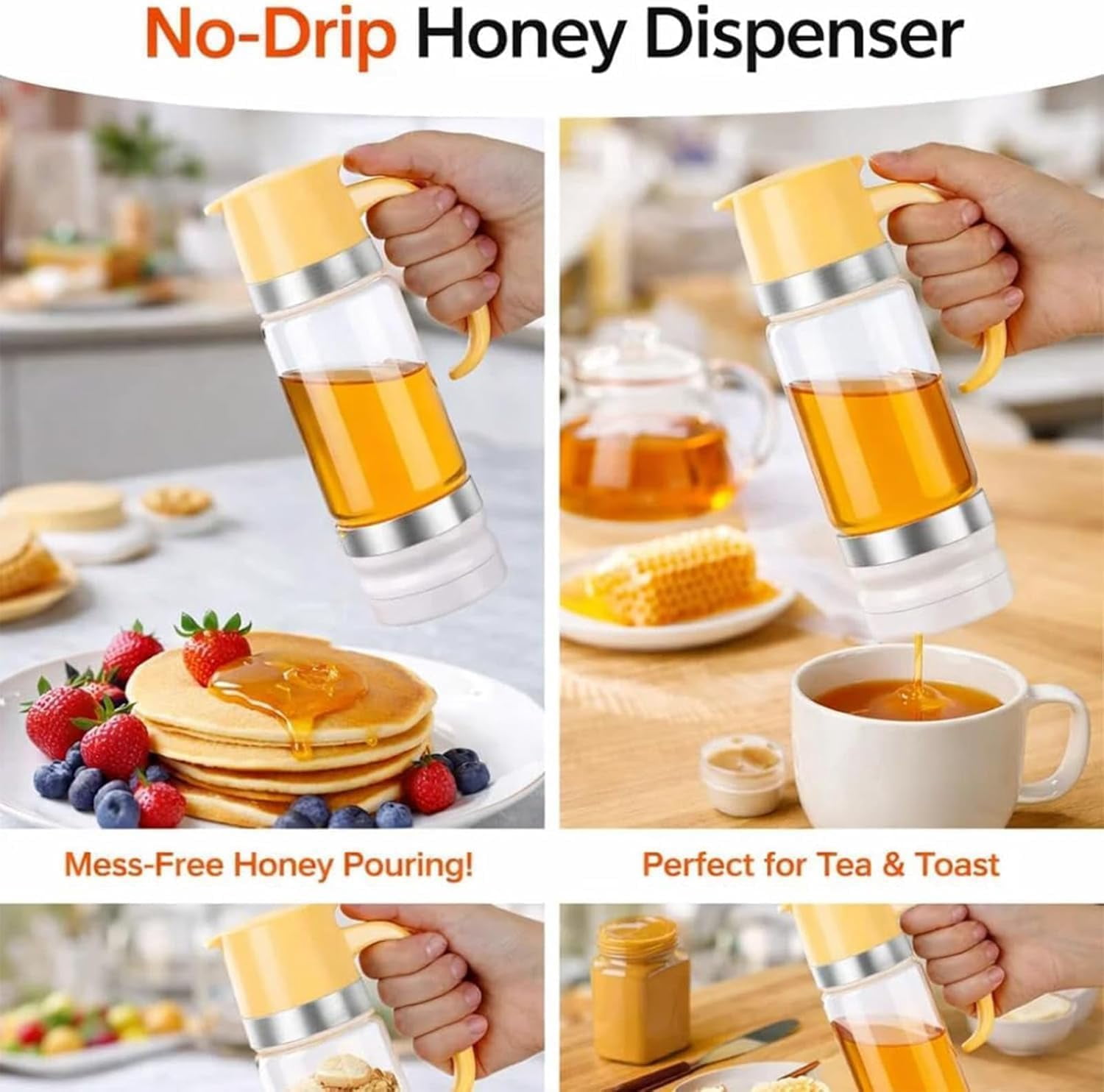 Dispensador De Leche Condensada, Honey Dispenser with Stand, No Drip Syrup Dispenser, Glass Honey Jar with Bottom Release Valve for Coffee Tea Maple Syrup Kitchen Counter Use (Black)
