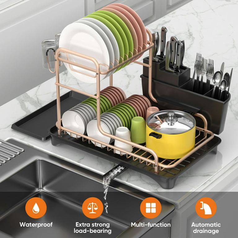 Small Dish Drying Rack - Compact Dish Rack for Kitchen Counter with  Silicone Dish Drying Mat, Stainless Steel Dish Drainer for Kitchen Sink  Cabinet