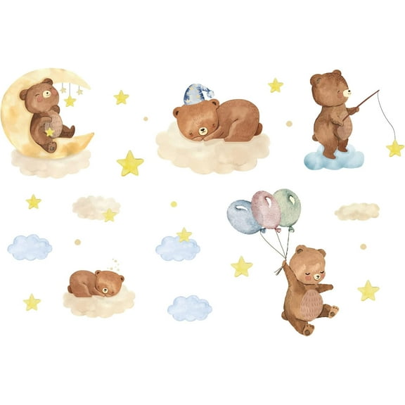 5 Styles Cartoon Bear Wall Decals Cute Bear Sleeping on The Moon Stars Clouds Wall Stickers for Baby Room Decor Baby Shower Room Interior Decor Bedroom Playroom Wall Art diy