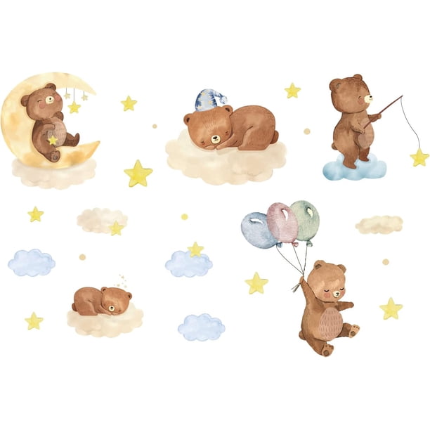 Calcomanías de pared con 5 estilos de osos de dibujos animados: oso lindo durmiendo en la luna, estrellas y nubes.