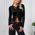 thumbnail image 2 of Fiaer Womens Cropped Sweaters Slim Fit Button down Long Sleeve Crew Neck Basic Solid Lightweight Trendy Knit Tops Black XXL, 2 of 4