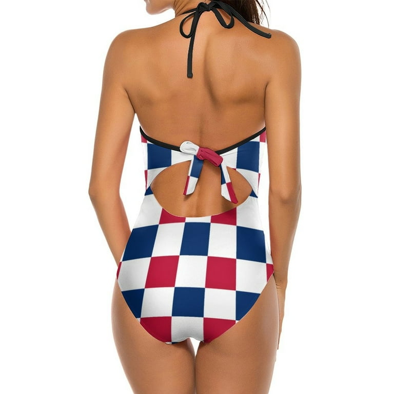 American USA Flag Swimsuit Red White Blue Checkerboard Push Up