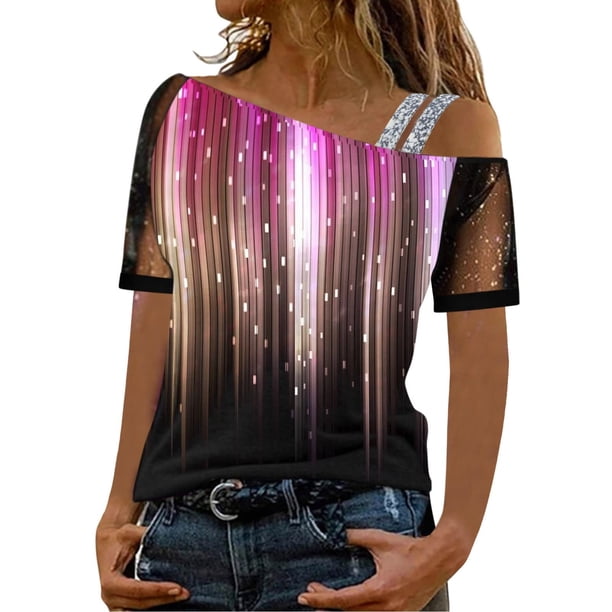Moda Mujer Verano Manga corta Hombro frío Blusa Camiseta Causal Impresión Tops Fridja bn3602
