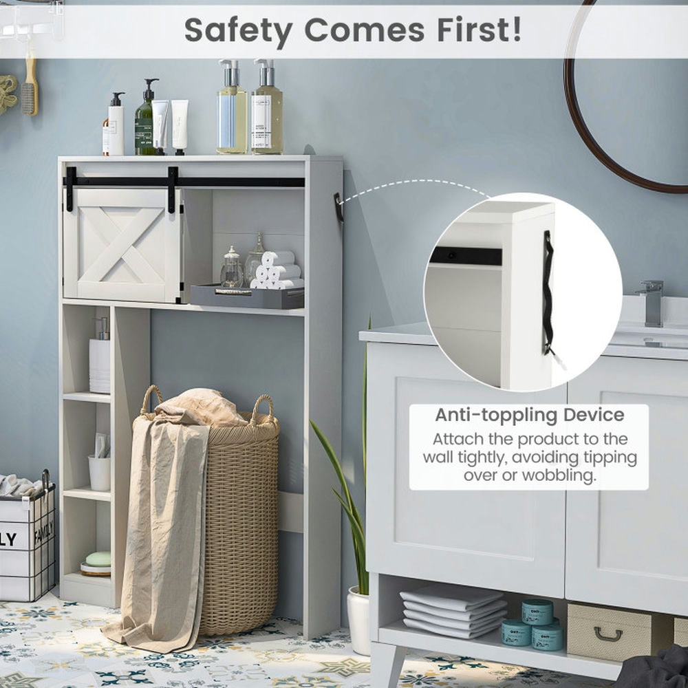 Finihen Toilet Storage Cabinet, Bathroom Cabinet Organizer, 4-Tier Over The Toilet Storage Cabinet with Sliding Barn Door and Storage Shelves, for Bathroom, White