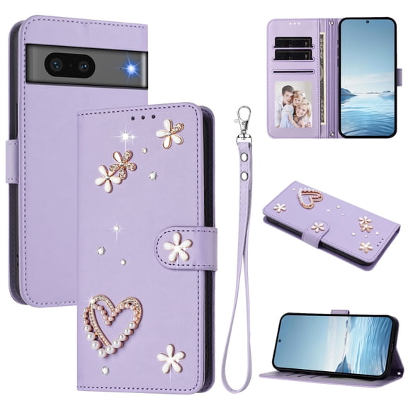 Decase for Google Pixel 7 Shockproof Phone Case,Rhinestone Heart Flower Pearl PU Leather Card Holder Wallet Cover,Folio Flip Magnetic Closure Card Slots Cover,Purple