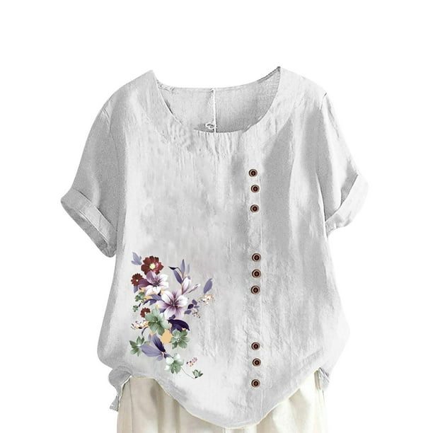 Camisetas de Manga Corta para las Mujeres Impreso Botón de Manga Corta Camiseta Blusa Poliéster, Ropa Casual Mirar Superior para las Mujeres