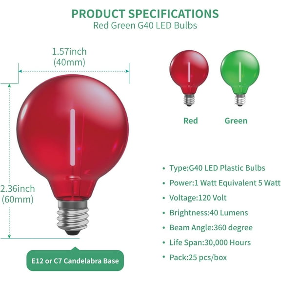 THESG-Red Green G40 Replacement Light Bulbs for Christmas Lights, 1 Watt Shatterproof 1.57 Inches LED Globe Light Bulbs for Indoor Outdoor String Lights, E12/C7 Candelabra Base,25Pack