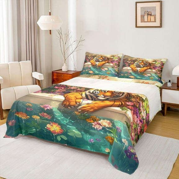 Feelyou Kawaii Cartoon Tiger Twin Sheet Sets, Vintage Garden Spring Flower Twin Fitted Sheet, Teens Kids Boys Girls Flat Sheet, Luxury Bedroom Decor, 3 Pieces