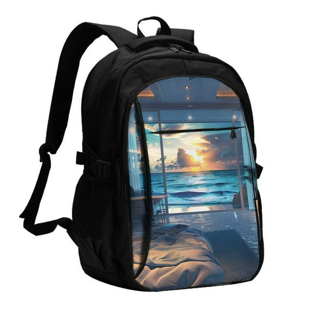 Easygdp Ocean View Bedroom Mochila para Laptop de Viaje con Puerto USB, Mochila para Laptop con Puerto de Carga USB para Mujeres y Hombres
