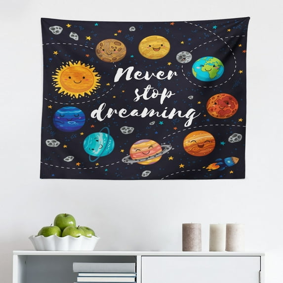 Saying Tapestry, Soft Colored Retro Never Stop Dreaming Calligraphy with Boho Feathers Print, Fabric Wall Hanging Decor for Bedroom Living Room Dorm, 2 Sizes, Blue White, by Ambesonne