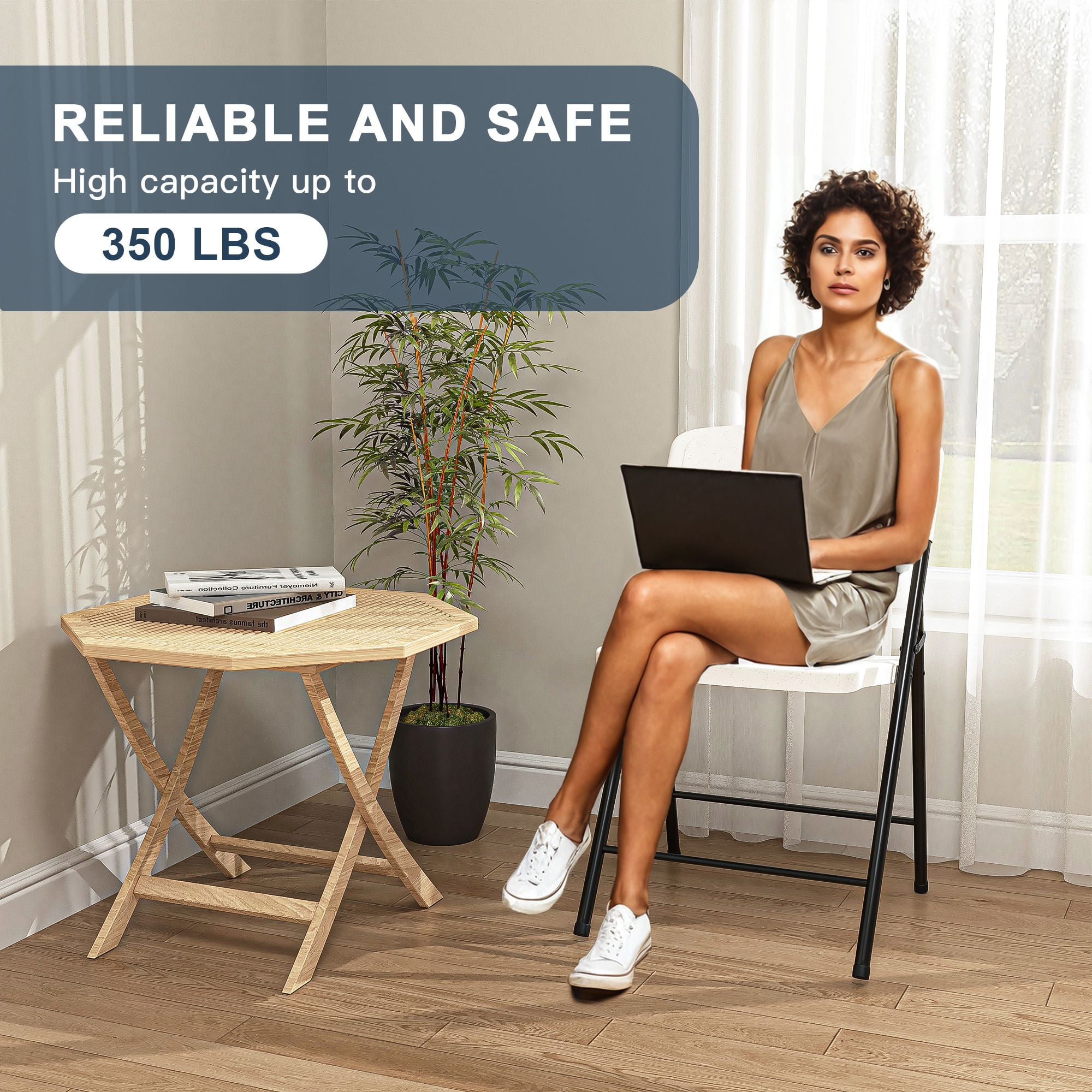 Demi Bonn 4 Pack Folding Chairs, Foldable Chair Portable Plastic Seat with Steel Frame for Indoor Outdoor Dinning Party Wedding School Use, White