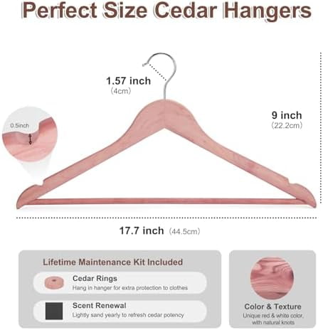 Cedar Hangers for Closet 20 Pack, Smooth Cedar Wood Hangers with Rings, 360° Swivel Hook, U-Shape Notched, Non Slip Pant Bar, Sturdy Wooden Clothes Hanger for Coats, Dresses, Suits
