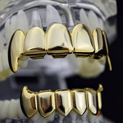 14K Gold Plated Grillz Set Full Fangs Upper Top And Bottom Lower Vampire Teeth Fangs Hip Hop Grills