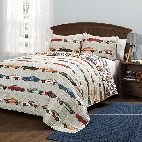 Lush Decor Race Cars 3 Piece Reversible Quilt Bedding Set, Full/Queen, Blue/Orange