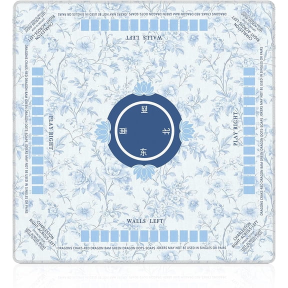 Blue Chinoiserie Floral Mahjong Mat 31.5 x 31.5 in, Vintage Pastel Blue and White Floral Anti Slip and Noise Reduction Game Table Cover for Mahjong Dominoes Card Board Tile Games