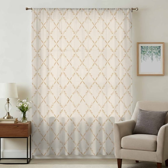 Vintage Wheat Color Sheer Curtains 63 Inches Long, Geometric Abstract Diamonds Plaid Light Filering Curtains, Breathable Simi Curtain Privacy Drapes for Living Room Bedroom Window Treatment