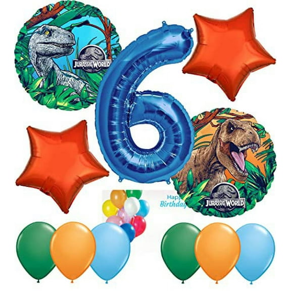 Jurassic Birthday Party Supplies Decorations Balloon Bundle with Character Mylar's, Star Shaped Mylar's, Latex Balloons and Blue Number 6 Mylar (11 Items)