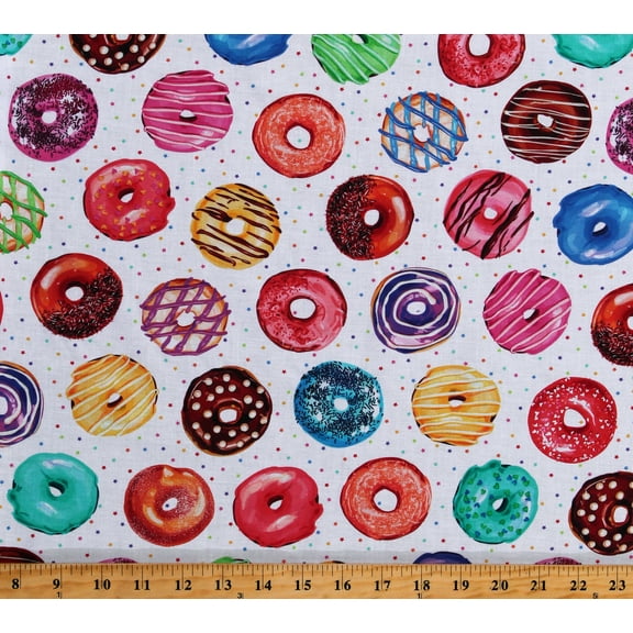 Cotton Donuts Doughnuts Allover Desserts Bakery Treats Sweets Stars Sweet Tooth White Cotton Fabric Print by the Yard (SRKD-20626-287SWEET)