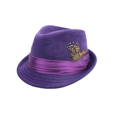 Purple Wool Felt Fedora Hat With Feather Trim