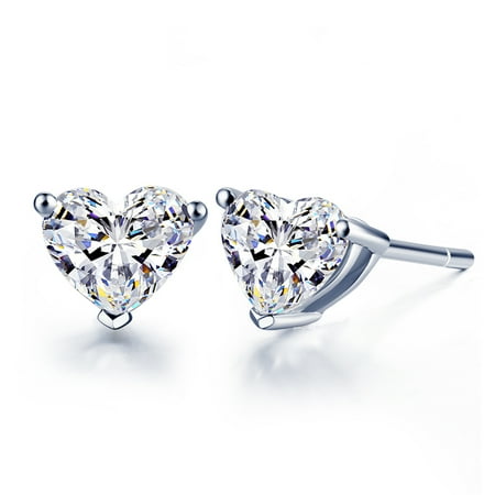 Three Prong 1 Carat Heart Cut Real Diamond Stud Earrings in 14k White Gold