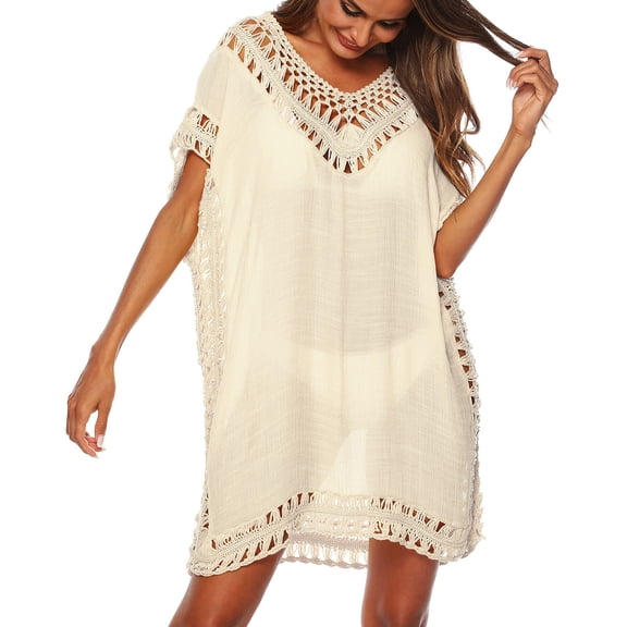 Women Swimsuit Coverup Dress Shirt Lightweight Crochet Trim Solid V-Neck Short Sleeve Tunic Summer Beach Casual Loose Fit Swimwear