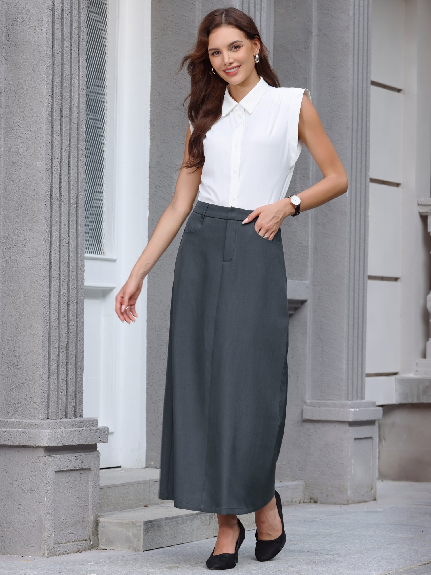DARING DIVA Women's Business Pencil Skirt Work Long Skirts Small Dark Grey