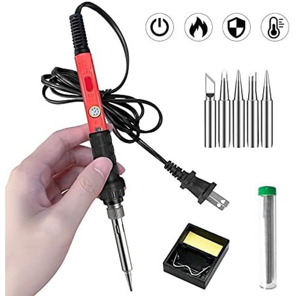 Soldering Kit, 60W Soldering Iron, 110V Welding Kit with Ceramic Heater, Portable Solder Irons with 5pcs Extra Tips, Stand, Solder Tube, Sponge, for Electronic Repair