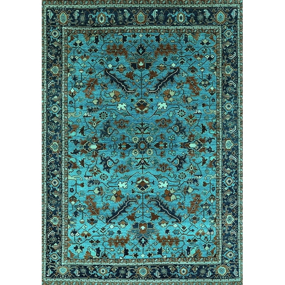 Ahgly Company Machine Washable Indoor Rectangle Oriental Turquoise Blue Industrial Area Rugs, 8' x 10'