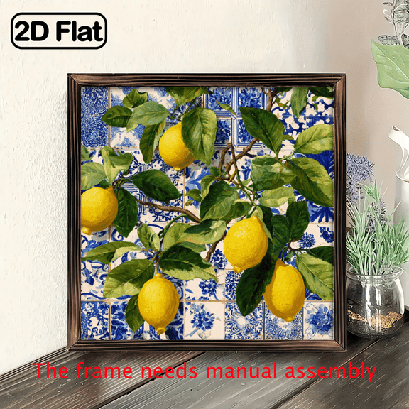2D Flat, 1pc Rustic Lemon Bunch Art Wooden Sign - 8x8 Inch Summer Lemon Floral Design with Blue Tile Pattern, Farmhouse Wall Decor for Kitchen, Living Room, Cafe, Garage.