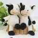 thumbnail image 4 of Peluche de vaca en blanco y negro con forma de flor sonriente, muñeco de ternero sentado, concha de cuero, regalo de cumpleaños, muñeca de trapo para niña, 4 of 6