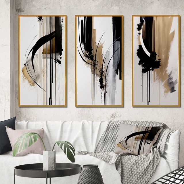 Designart "Expression in Black, White, and Gold I" Abstract Framed Wall Art Set Of 3 - Black Modern Frame Gallery Wall Set For Home Decor