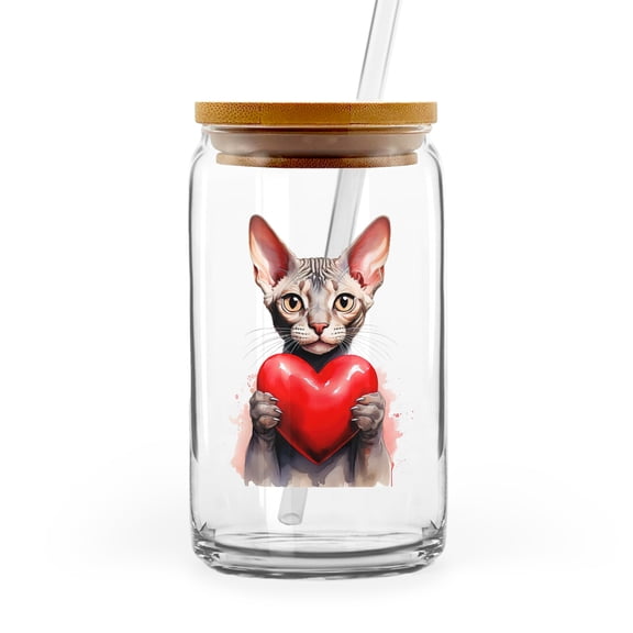 Happy Valentine's Day Sphynx Brings Love Heart 16oz Glass Cup Mug Cat Lover Kitten Owner Gifts Idea Glass Can with Bamboo Lid and Straw - 02028