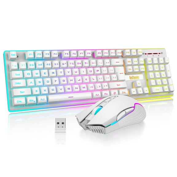 K10 Wireless Gaming Keyboard and Mouse Combo, LED Backlit Rechargeable 3800mAh Battery, Mechanical Feel Anti-ghosting Keyboard   7D 3200DPI Mice for PC Gamer (White)