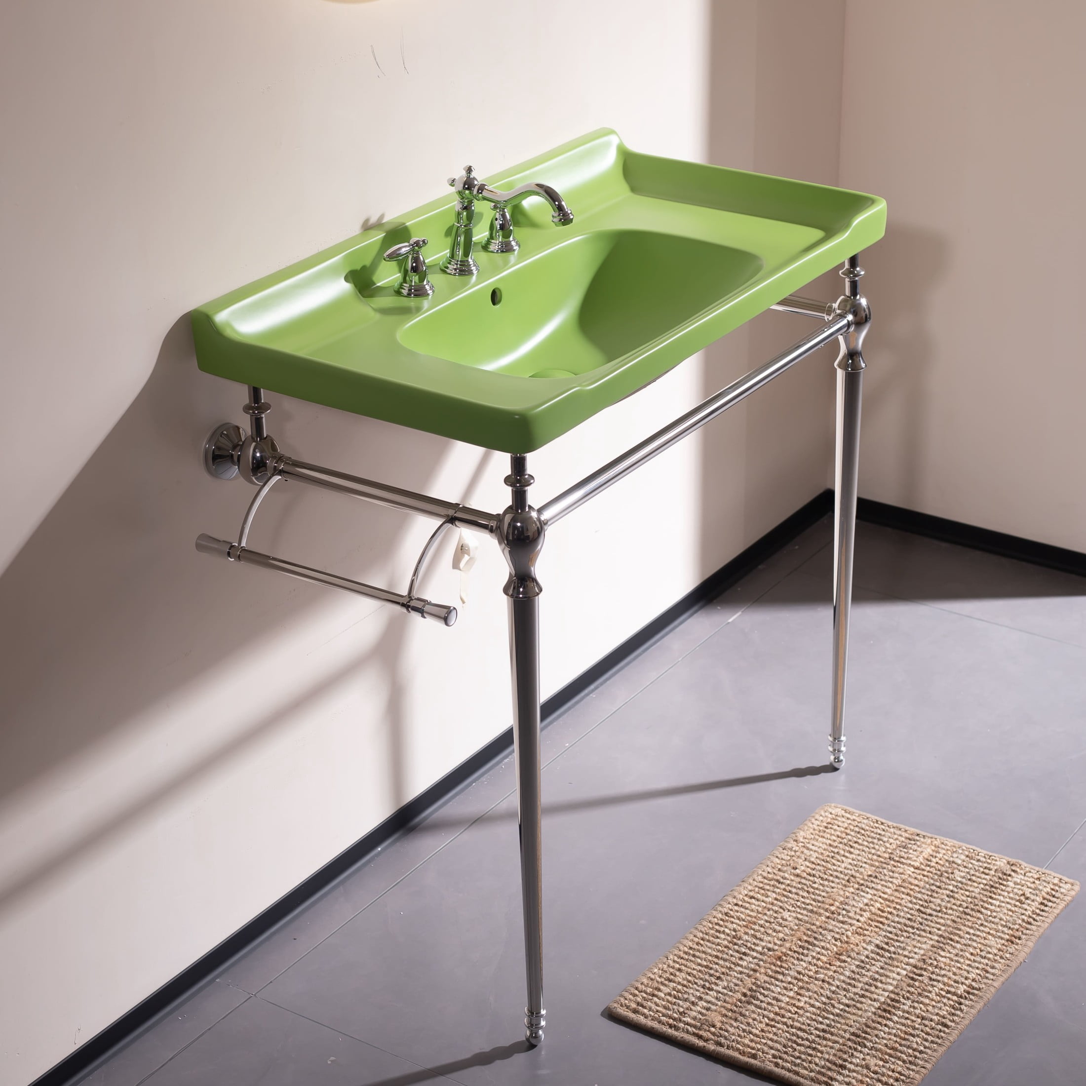 Noble House VICI 36" Bathroom Console Sink, Wall-Mounted Ceramic Basin Vanity with Stainless Steel Legs, Green & Chrome