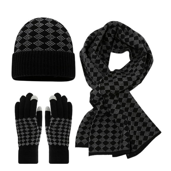 Yuanlong Hats Women Men Knitted Plaid Beanie Cap Touchscreen Gloves And Long Scarf Winter Activists Convenient 3Pc Sets