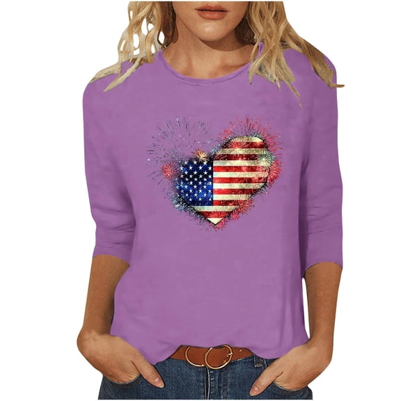 Levmjia Women T-Shirt Patriotic Butterfly American Flag Print 3/4 Sleeve Crewneck Casual Loose Fit Summer Top for Independence Day