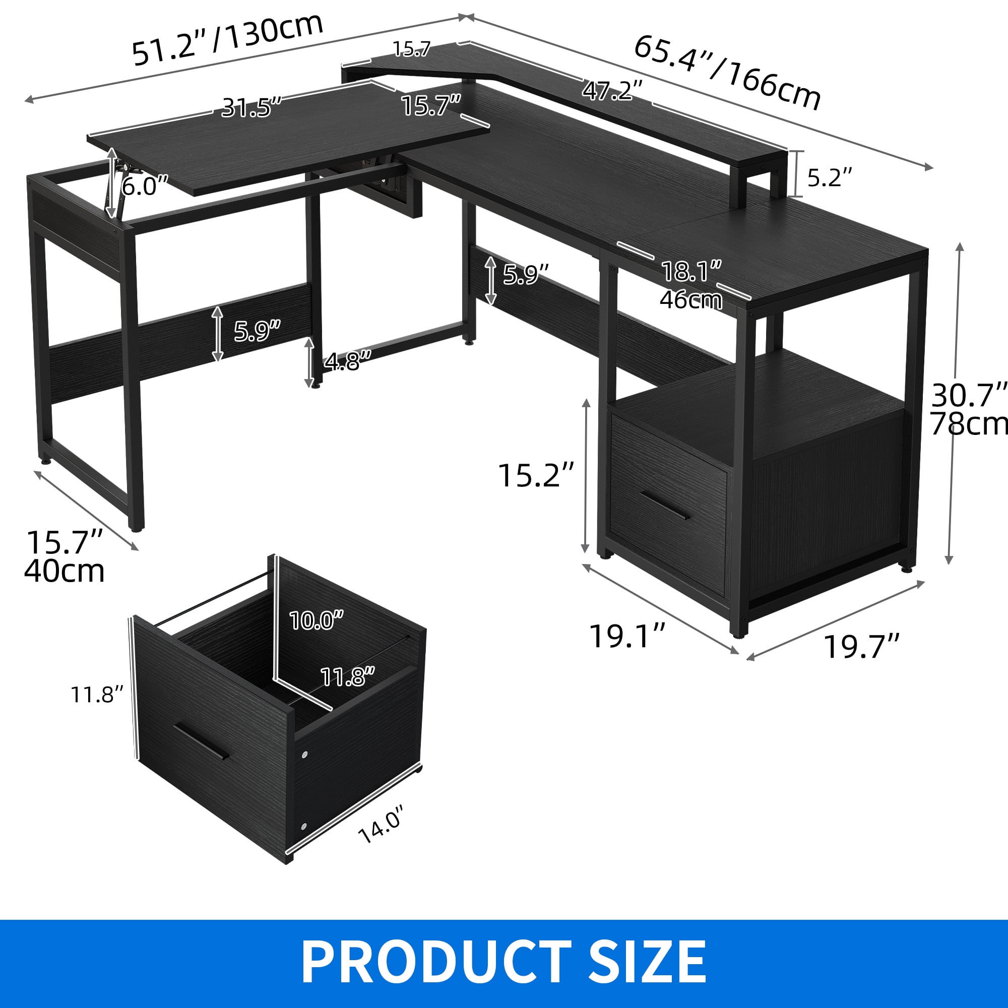 Uforic 65" L Shaped Desk with Lift Top & Monitor Stand, Computer Desk with File Drawer, Corner Desk Office Desk Executive Desk with Storage Shelves for Home Office, Black