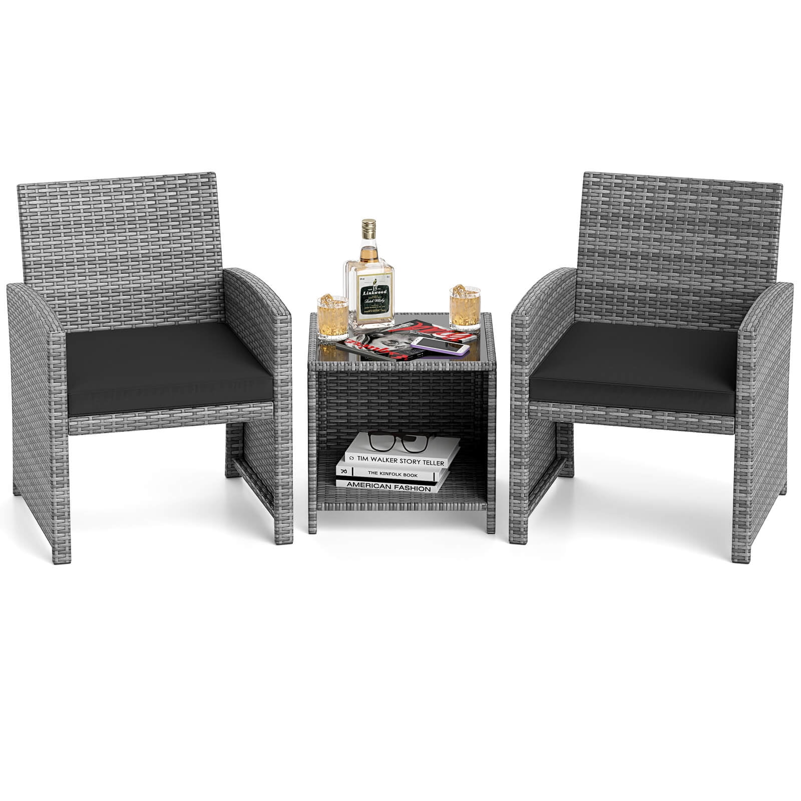 Costway 3 PCS Patio Furniture Set with Tempered Glass Coffee Table & Soft Seat Cushions Black