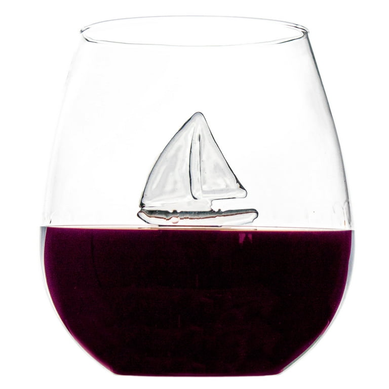 Sail Boat Wine Glass with 3D Sailboat and Nautical Anchor Design - 2 PC SET  650ml Large Stemless - Unique Sea-Themed Wine Stemware for Drinking Wine,  Boating, and Sailing 