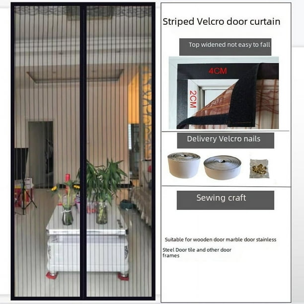 Cortina de puerta antimosquitos con velcro silencioso y borde cosido a rayas, autoadhesiva, suave, magnética, para verano