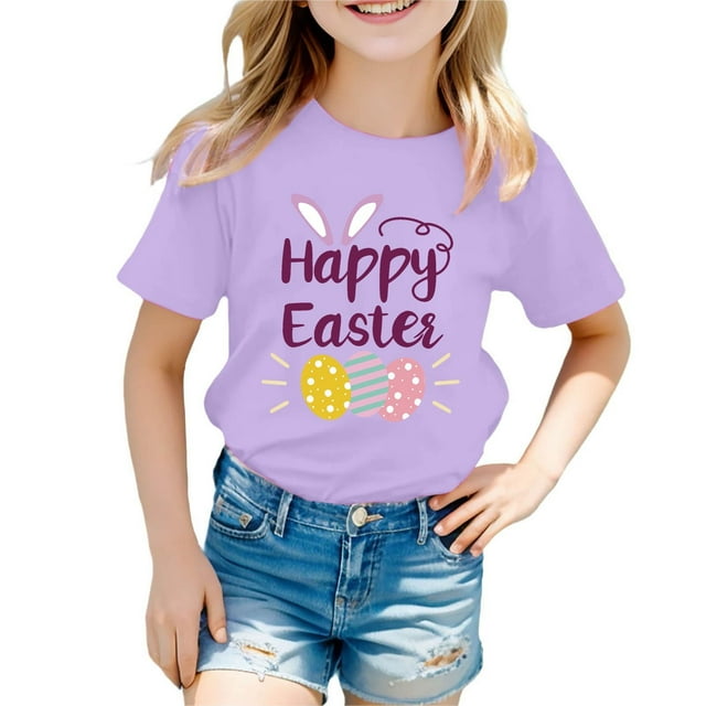 MIASHUI T-Shirt Graphique de Pâques à Manches Courtes pour Garçons, Confortable et Décontracté, Imprimé pour Filles, Violet, 4-5 Ans