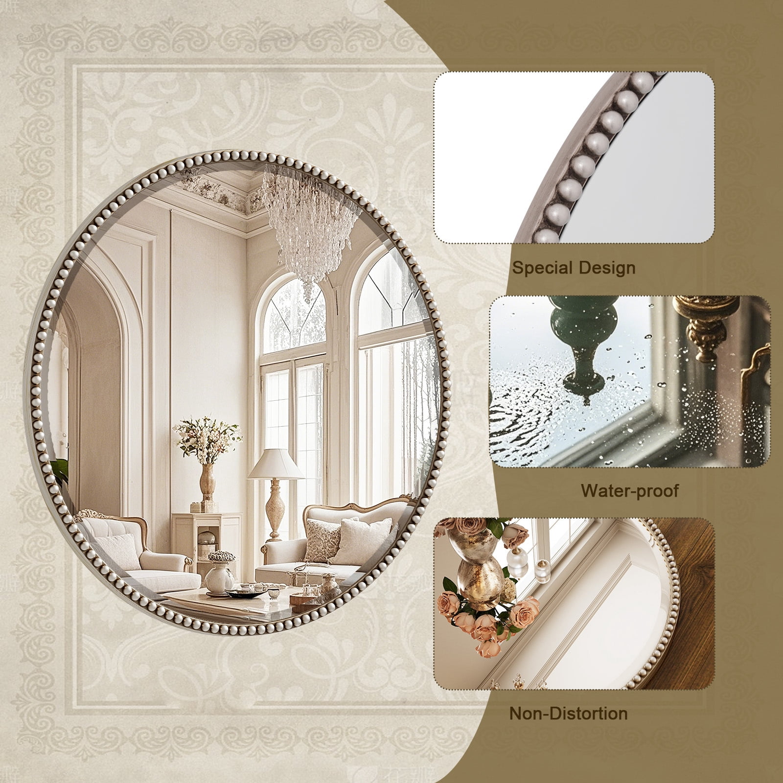 Puremirror 32" Round Bathroom Mirror Decoration Wall Mirror with Beaded Frame, Silver