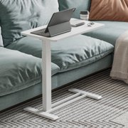 FitStand Height Adjustable Medical Bed Table with Hidden Casters, Rolling Laptop Desk with Cup Holder, Small Pneumatic Sit Stand Desk for Home Office, Sofa or Bedside Use, 28x16, White
